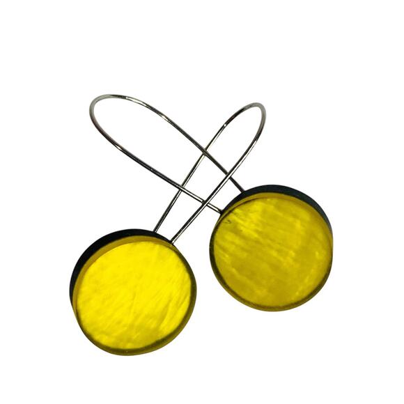 Yellow Black Wire Hook Pierced Earring Circle 1.5 Inch Drop Lightweight - Picture 6 of 6
